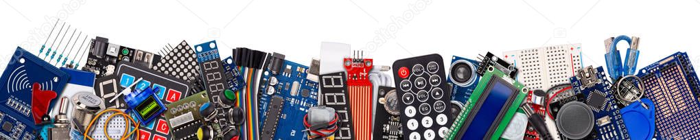 wide panorama banner collage with copy space of microcontroller 