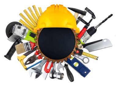 Ahşap vızıltı arkasında Diy el aletleri kolaj kavramı bıçak kayrak gördüm