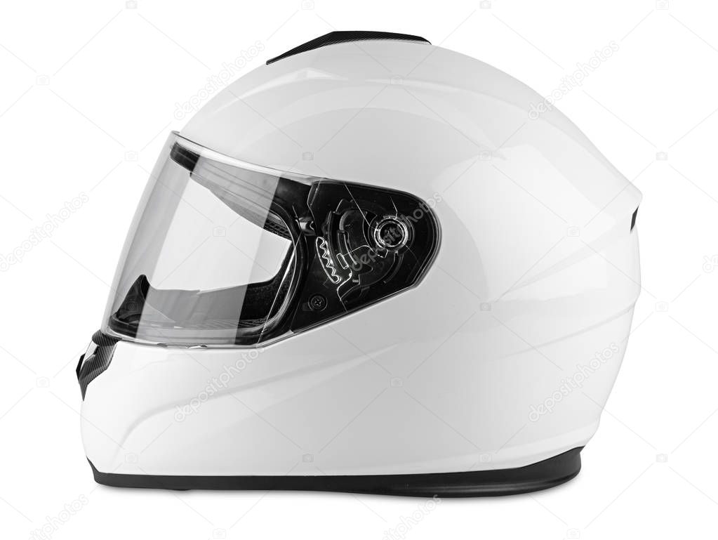White motorcycle carbon integral crash helmet isolated white bac