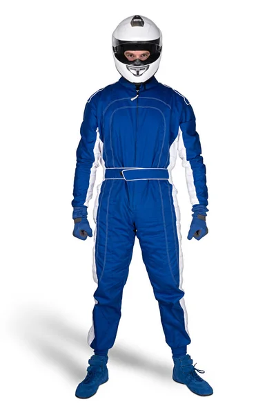 Ustalony kierowca wyścigowy w niebieskim białym Motorsport ogólne buty GL — Zdjęcie stockowe