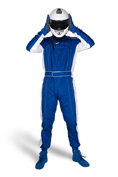 Pilota gara in blu bianco motorsport complessivamente scarpe guanti e sa — Foto Stock