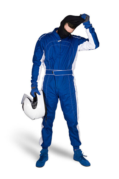 Гонщик в синем белом мотоспорте в целом обувь перчатки и SA

