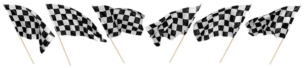 Set collection of waving black white chequered flag wooden stick — Stock Photo, Image