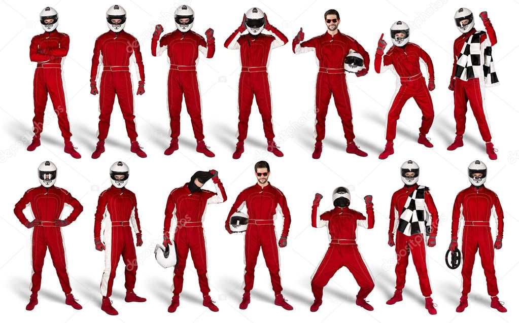 Set Collection of race driver with red overall saftey crash helm