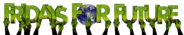 Aktivister människor som håller upp grönt gräs bokstäver bildar — Stockfoto