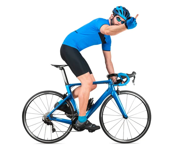Angry professional bicycle road racing cyclist racer in blue spo — Stock Photo, Image