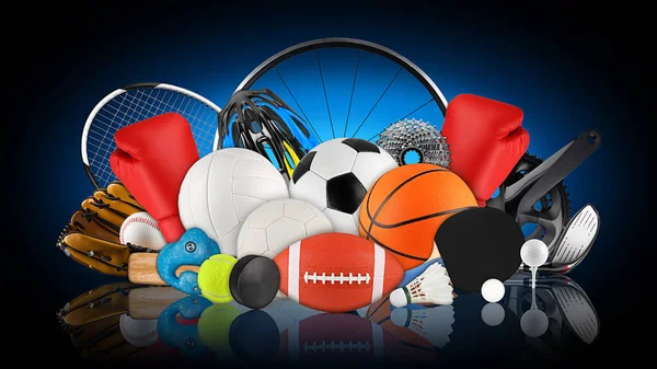 Huge collection stack of sport goods and balls gear bicycle whee — Stock Photo, Image