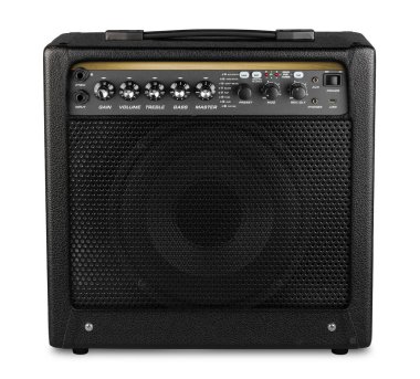 siyah modern elektro gitar amfisi modelleme amplifikatörü beyaz arka planda izole edilmiş rock heavy metal stüdyo enstrümanı konsepti