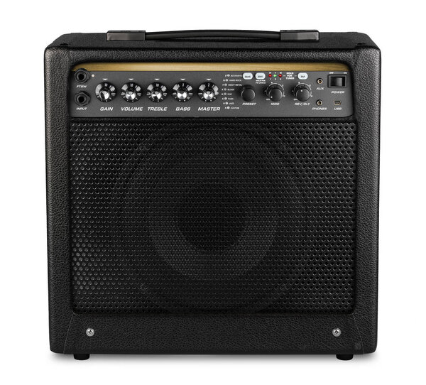 Black modern electric guitar amp modelling amplifier isolated on white background rock heavy metal studio instrument concept