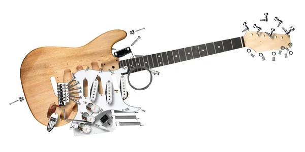 Visão Explodida Guitarra Elétrica Com Todas Peças Componentes Madeira Corpo — Fotografia de Stock