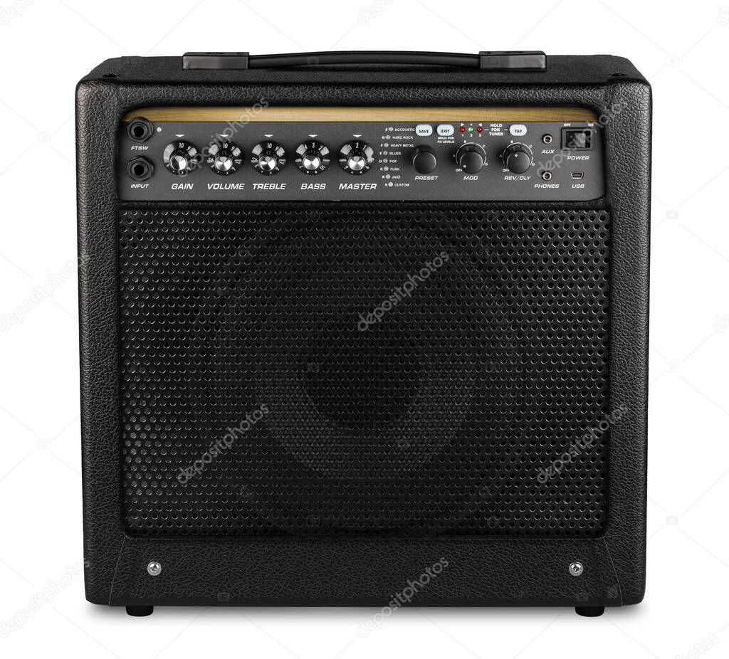 black modern electric guitar amp modelling amplifier isolated on white background rock heavy metal studio instrument concept