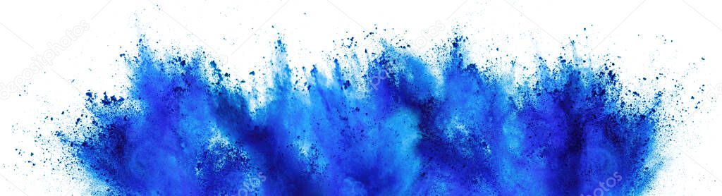 blue cyan holi paint color powder festival explosion isolated on white background. industrial print concept background