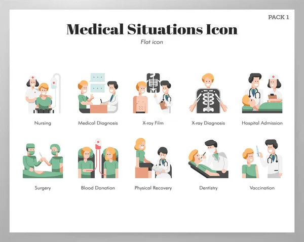 Icônes de situations médicales pack plat — Image vectorielle