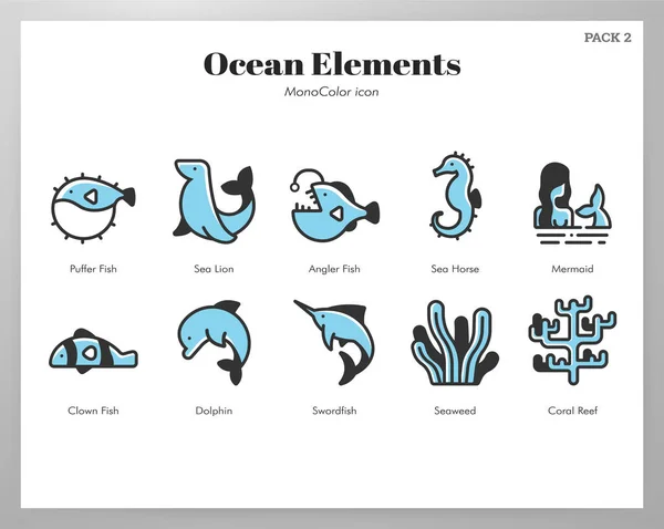 Elementos do oceano Pacote MonoColor — Vetor de Stock
