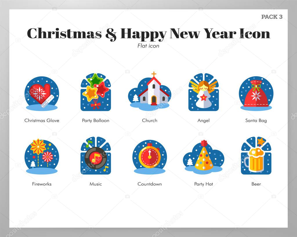 Christmas and happy new year icons flat pack