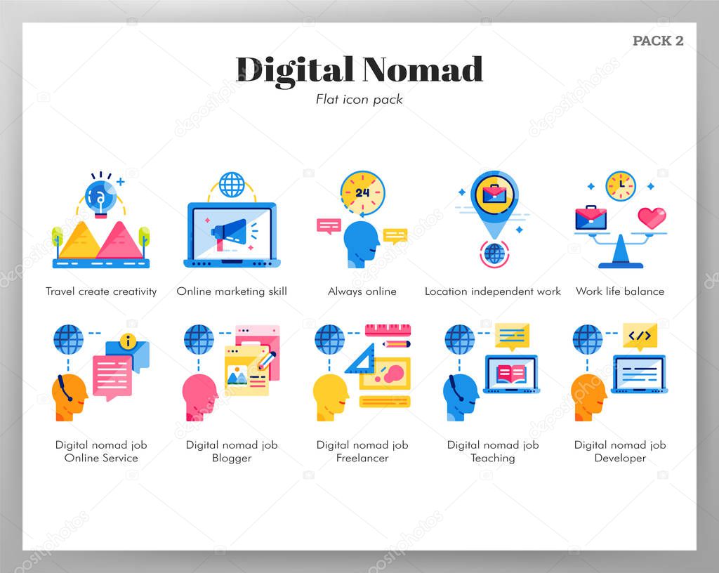 Digital nomad icons flat pack