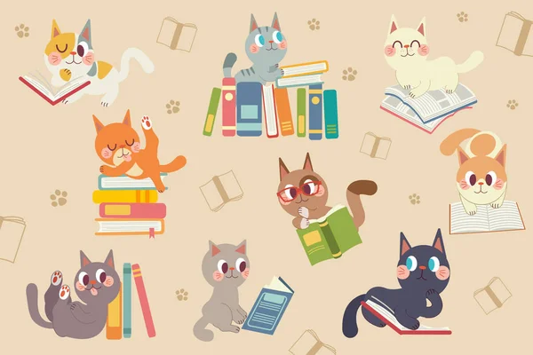 Cute cartoon cats character reading a book pack