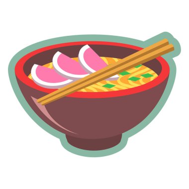 Bir kase ramen ve yemek çubuğu beyaz arka planda izole edilmiş.