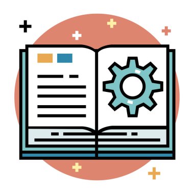 Grafikleri ve çark ağ simgesi olan kitap, vektör illüstrasyonu  