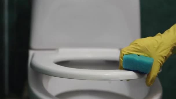 Žena myje bast záchodová mísa. — Stock video