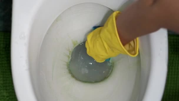 Žena myje bast vnitřní část WC mísy. — Stock video