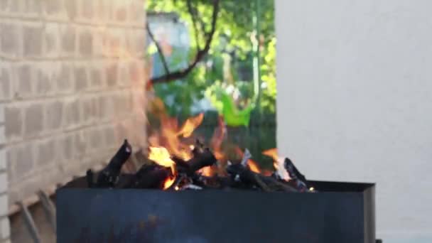 Brasero Fuego Arde Fuego Arde Hay Denso Humo Gris Detrás — Vídeos de Stock