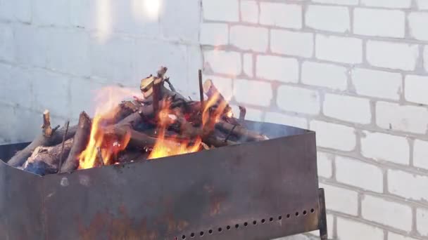 Einem Kohlenbecken Brennt Das Feuer Das Feuer Flammt Auf Gibt — Stockvideo