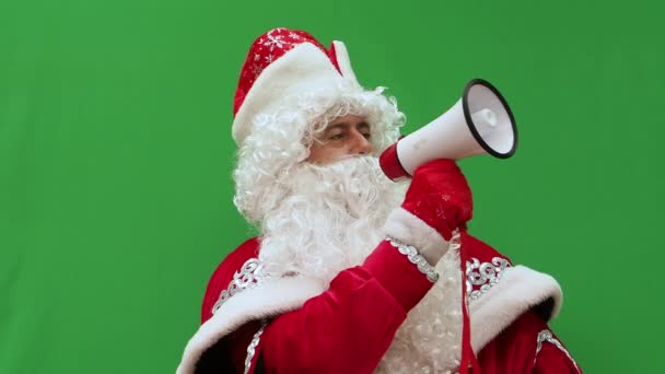 Дед Мороз Говорит Мегафоне Новогодний Персонаж Сообщает Через Громкий Хайлер — стоковое видео