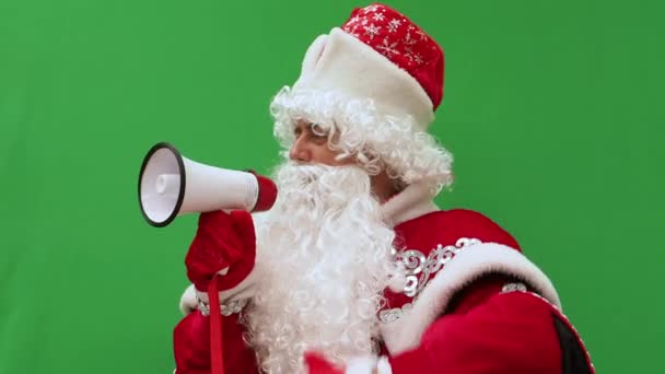 Father Frost Speaks Megaphone New Year Character Informs Loud Hailer — Stock Video