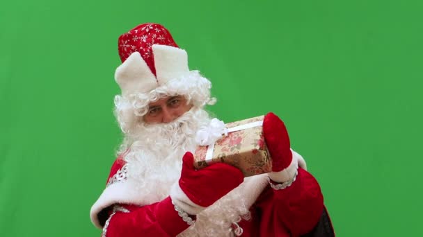 Father Frost Shows Gift New Year Character Holds Beautifully Packed — Stock Video