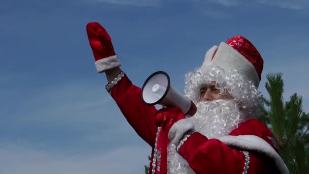 Father Frost Grita Megafone Acena Uma Mão Madeira Caráter Ano — Vídeo de Stock