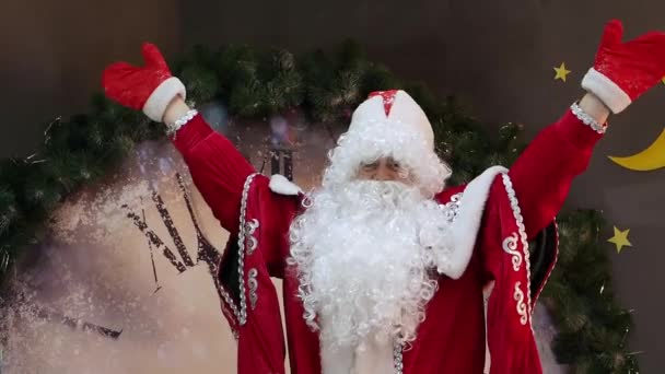 Väterchen Frost Jubelt Und Winkt Die Märchenhafte Neujahrs Und Weihnachtsfigur — Stockvideo