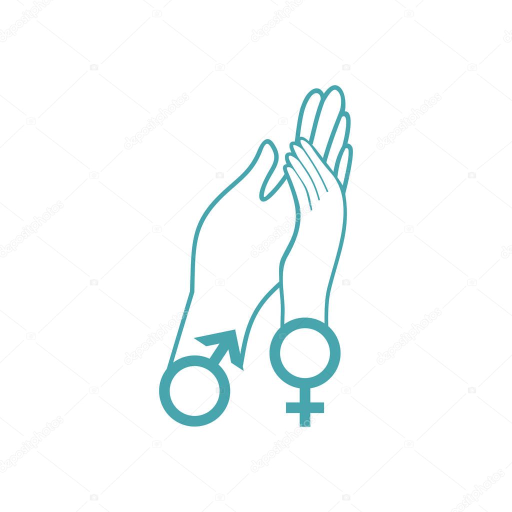 The female hand lies on men's. Signs of Venus and Mars. Set of vector icons. Embrace of a female and male hand. Flat design.