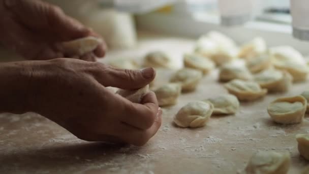 Old Woman Takes Away Pelmeni Table Semi Finished Products Lie — Stock Video