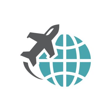 Vektör çizim uçak ve dünyanın modeli. Vektör simgeler kümesi. Uluslararası uçuşlar. Düz tasarım Monohrome