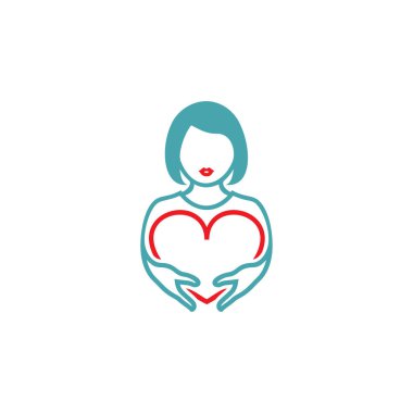 Kırmızı kalp tutan genç kadın vektör Illustration avatar. Vektör simgeler kümesi. Adam ya da aşık adam tanınması. Düz tasarım