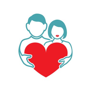 Vektör çizim adam ve kız kırmızı kalp tutun. Vektör simgeler kümesi. Büyük bir karşılıklı sevgi. Düğünden sonra mutlu aile hayatı. Düz tasarım