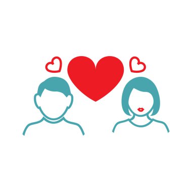 Vektör çizim adam ve kız büyük kırmızı kalp ve iki küçük kalp arasında. Vektör simgeler kümesi. Büyük bir karşılıklı sevgi. Düğünden sonra mutlu aile hayatı. Düz tasarım