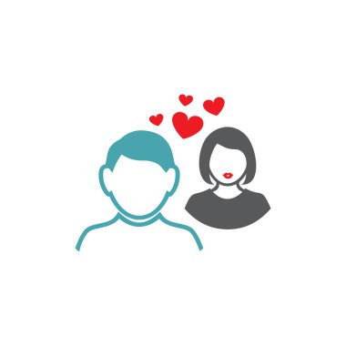 Vektör çizim adam ve kız dört kalpleri arasında. Vektör simgeler kümesi. Büyük bir karşılıklı sevgi. Düğünden sonra mutlu aile hayatı. Düz tasarım tek renkli