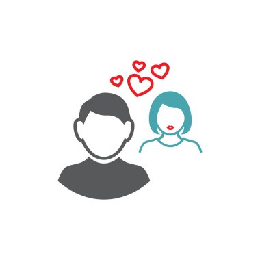 Vektör çizim adam ve kız dört kalpleri arasında. Vektör simgeler kümesi. Büyük bir karşılıklı sevgi. Düğünden sonra mutlu aile hayatı. Düz tasarım