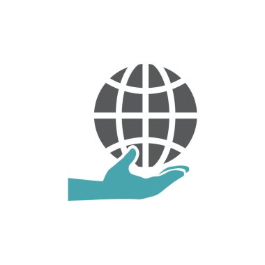 Vektör illüstrasyon küre üzerinde elini. Vektör simgeler kümesi. Bütün dünya senin ellerinde. Düz tasarım