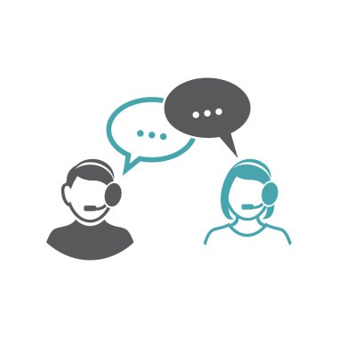 Vektör çizimi adam, kadın ve işaretleri iletinin. Vektör simgeler kümesi. Erkek ve kadın gerçek veya sanal iletişim. Düz tasarım tek renkli