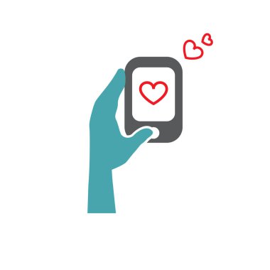 Vektör çizim erkek el cep telefonu, kalp üstünde belgili tanımlık perde ve arkasında iki kalp. Vektör simgeler kümesi. Büyük bir karşılıklı sevgi. Düğünden sonra mutlu aile hayatı. Düz tasarım