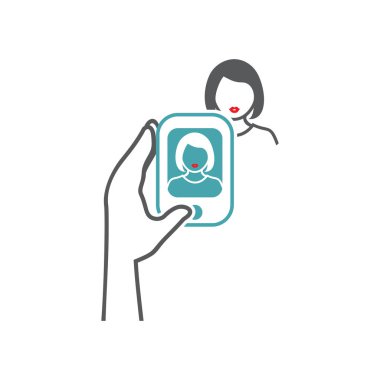 Vektör çizim el, cep telefonu, kadın ve resim. Vektör simgeler kümesi. Adam cep telefonu sevgili fotoğraflar. Düz tasarım tek renkli