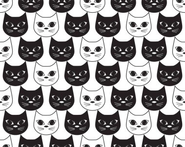 Çok beyaz ve siyah kedi vektör ilişkindir. Seamless modeli güzel çekici yüzler hayvan beyaz ve siyah kedi bir arka plan. Düz tasarım. Tek renkli.