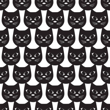 Vektör çizim kara kediler çok. Seamless modeli güzel çekici yüzler hayvan siyah kedi bir arka plan. Düz tasarım. Tek renkli.