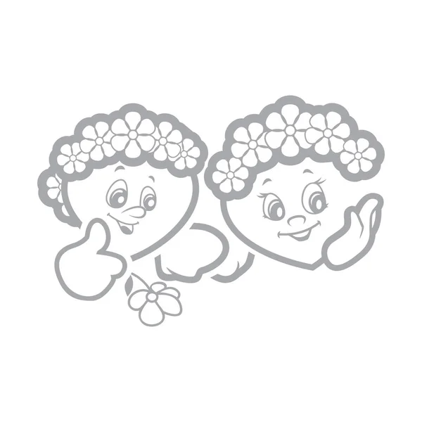 つのベクトル イラスト子供のアニメーション文字心 頭に花をつける ベクトル記号のセット ずっと一緒にいましょう 頭の上の花の花輪のカップルを愛する美しい フラットなデザイン Monohrome — ストックベクタ