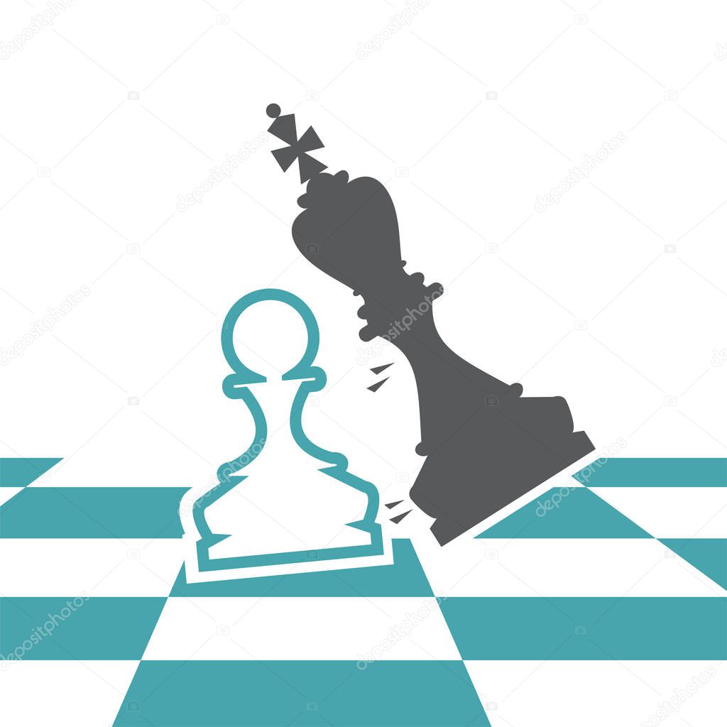 On a chessboard the white pawn defeats the black king. Set of two vector illustration. Flat design. Monochrome