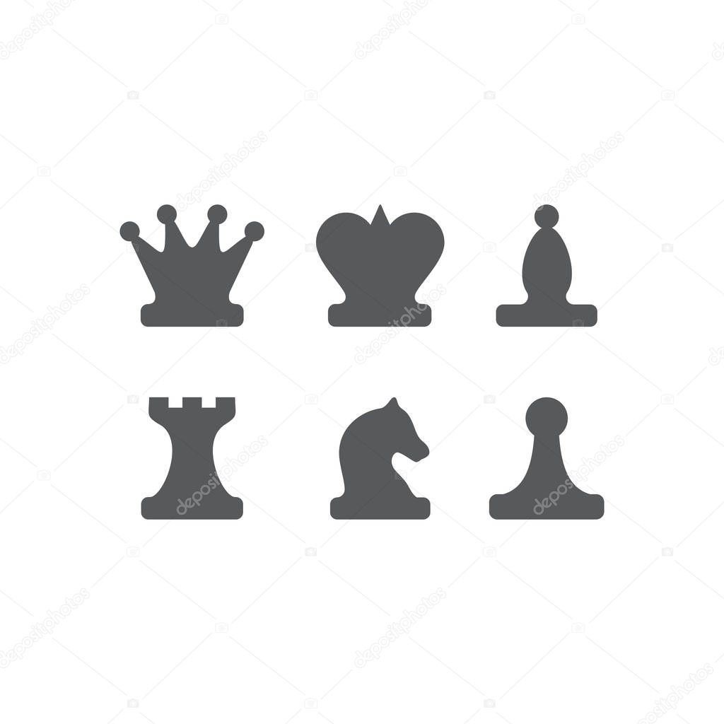 Chess figures king, queen, bishop, knight, rook, pawn. Set of vector icons. Flat design. Monochrome