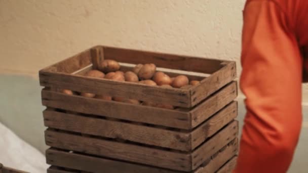 El hombre se lleva una caja de madera de papa y lo lleva a una puerta abierta. . — Vídeos de Stock